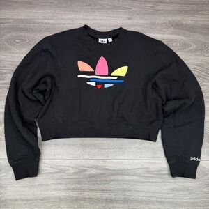 Adidas Sweatshirt Womens Large Black Cropped Trefoil Logo H22854 Pullover